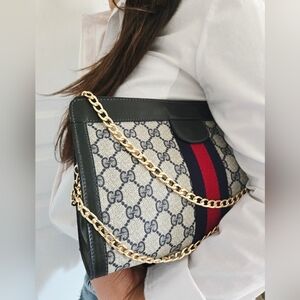 Authentic GUCCI GG Logo Navy Red Stripe Web Clutch Crossbody Shoulder Chain WOC